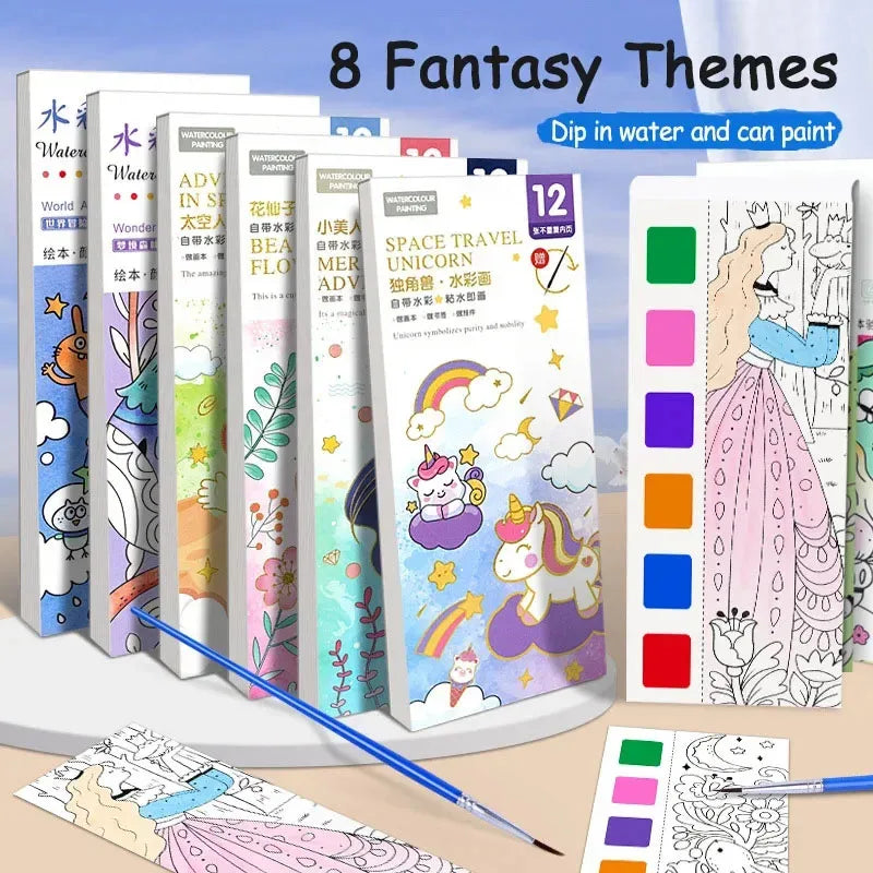 Portable Watercolor Painting Book Set – 12 Pages with Brush