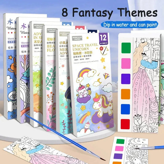 Portable Watercolor Painting Book Set – 12 Pages with Brush