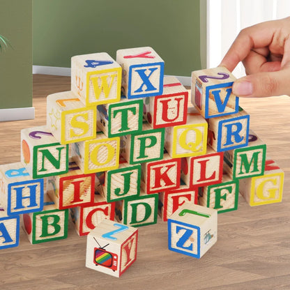 27Pcs Wooden Printed Block Toy English Letter Digital Cartoon Cognition Learning Early Educational Toys Gifts For Children Kids