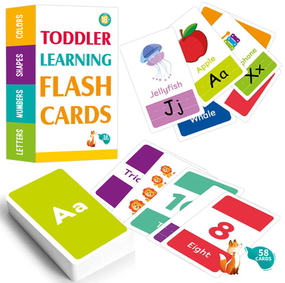 58PCS Toddler Learning Flash Cards – Alphabet, Numbers, Shapes & Colors