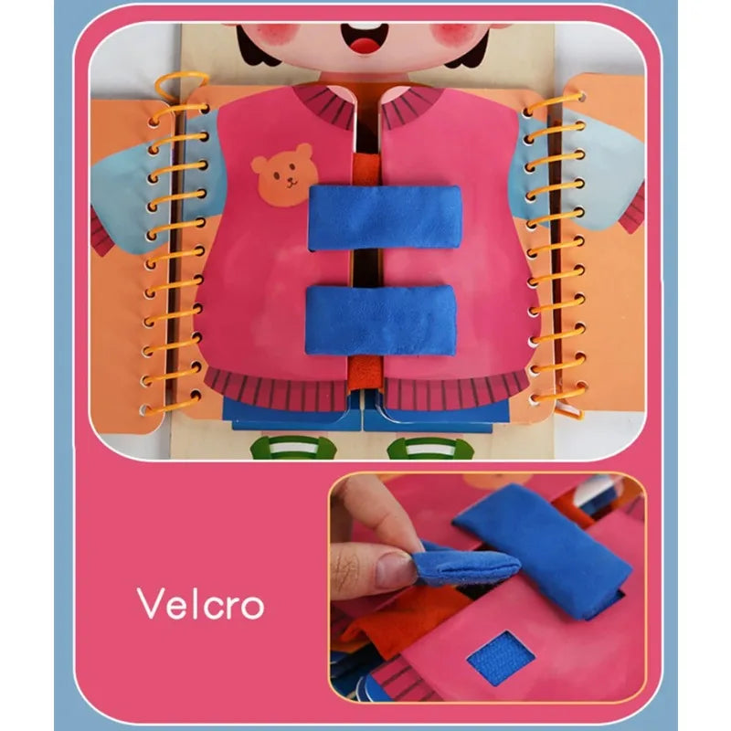 Front view of wooden busy board showing zipper and buckle panels for toddlers
