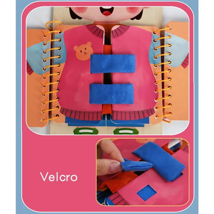 Front view of wooden busy board showing zipper and buckle panels for toddlers