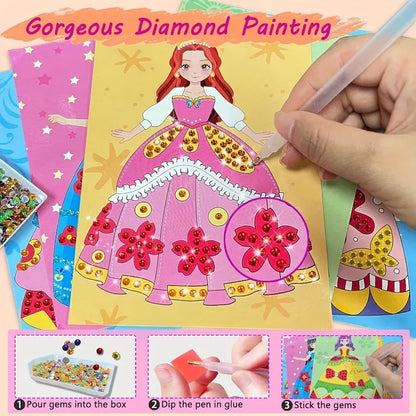 4-in-1 Princess Makeup & Fashion Dress-Up Game Set - DIY Paper Art Craft Kit with Diamond Painting Self-Adhesive Stickers
