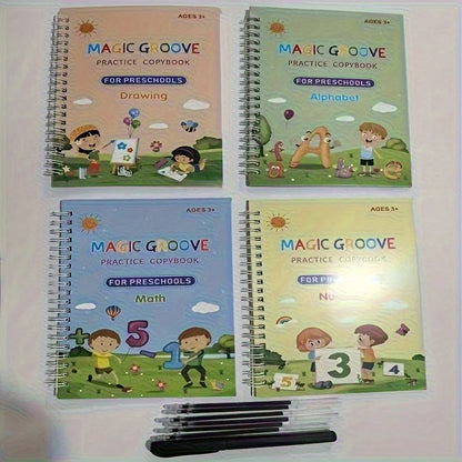 4PCS Reusable Magic Copybook Set for Kids – Alphabet, Number & Handwriting Practice Books