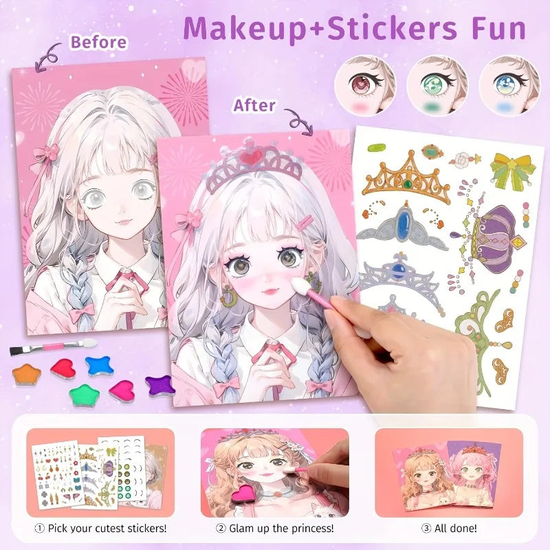 4-in-1 Princess Makeup & Fashion Dress-Up Game Set - DIY Paper Art Craft Kit with Diamond Painting Self-Adhesive Stickers