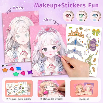 4-in-1 Princess Makeup & Fashion Dress-Up Game Set - DIY Paper Art Craft Kit with Diamond Painting Self-Adhesive Stickers