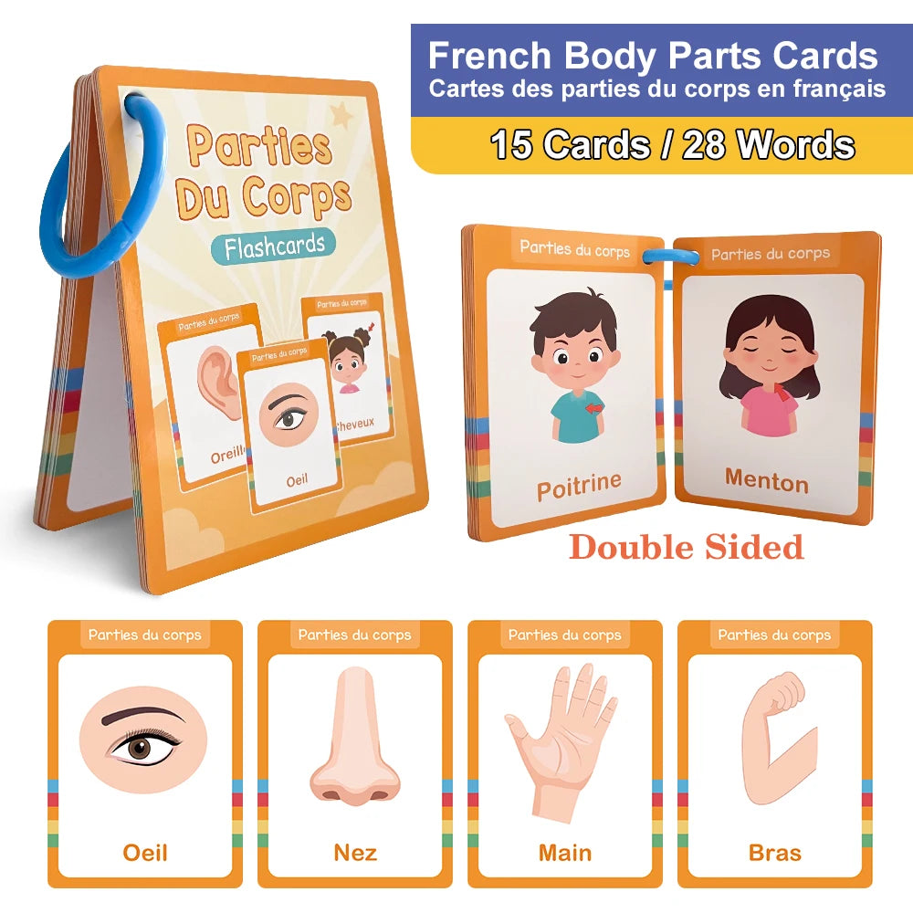 15Pcs Body Parts & Five Senses French Vocabulary Learning Cards for Kids Homeschool Double Side 28 Words Educational Flashcards