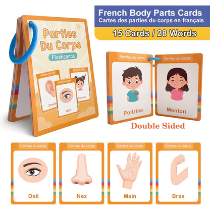 15Pcs Body Parts & Five Senses French Vocabulary Learning Cards for Kids Homeschool Double Side 28 Words Educational Flashcards