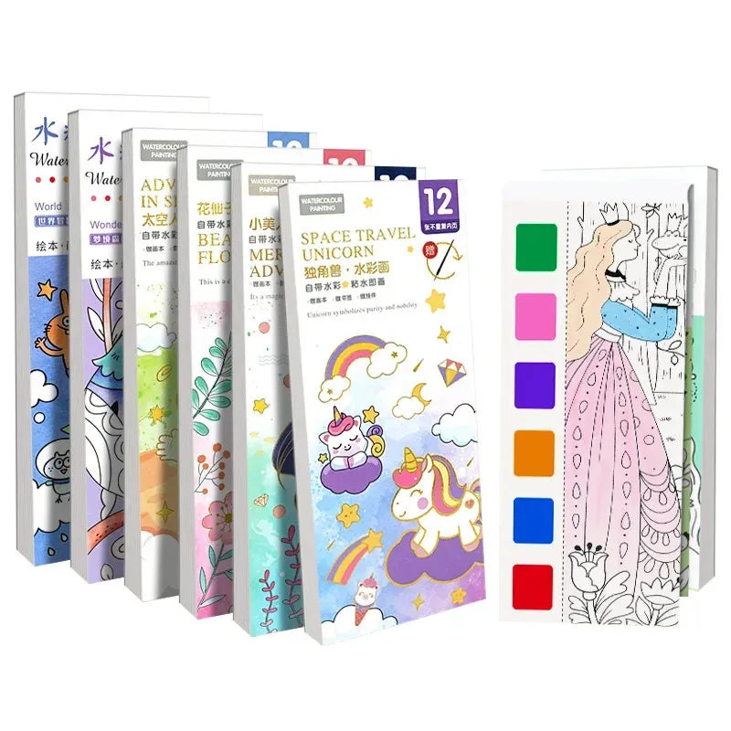 Portable Watercolor Painting Book Set – 12 Pages with Brush