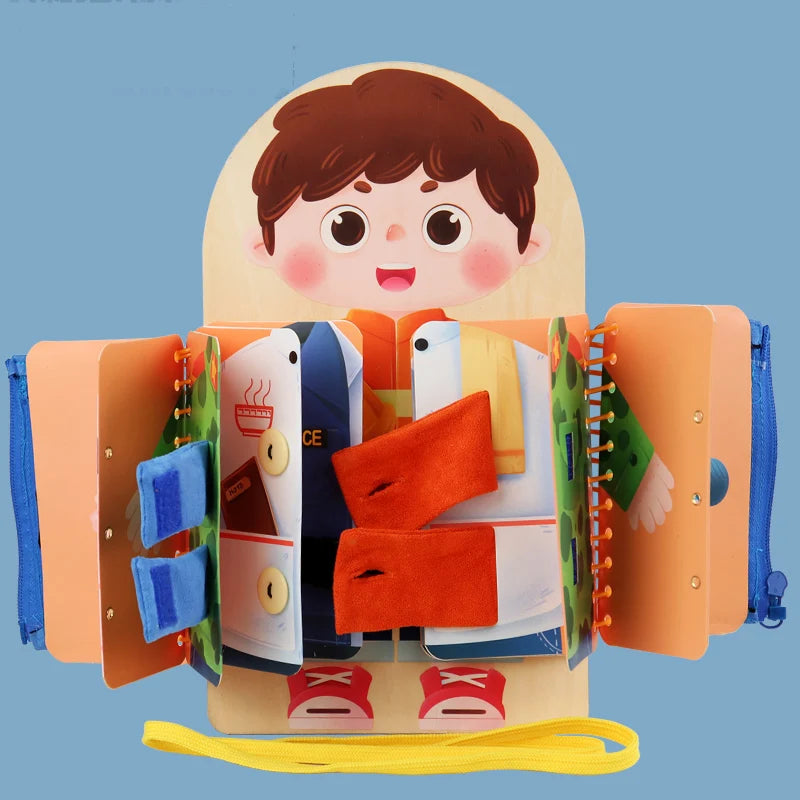 Front view of wooden busy board showing zipper and buckle panels for toddlers