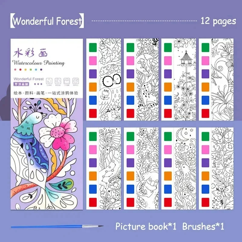 Portable Watercolor Painting Book Set – 12 Pages with Brush