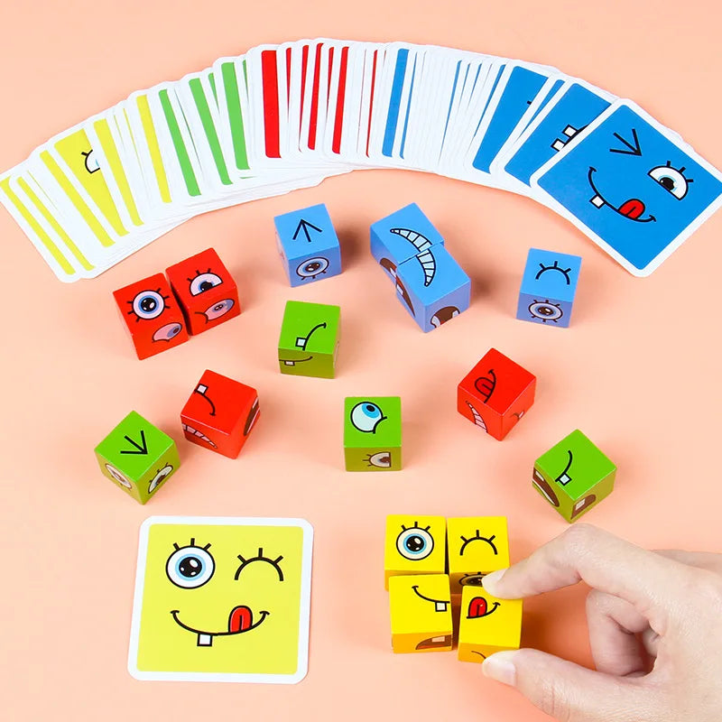 Cube Face Changing Building Blocks Cartoon Board Game Wooden Puzzle Montessori Anxiety Stress Relief Toys For Children Kids