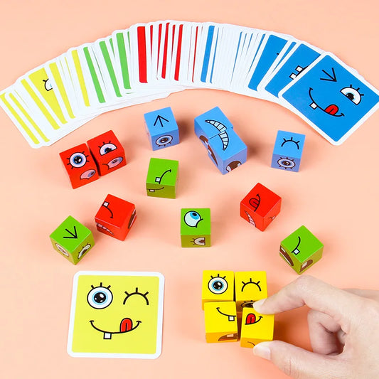 Cube Face Changing Building Blocks Cartoon Board Game Wooden Puzzle Montessori Anxiety Stress Relief Toys For Children Kids
