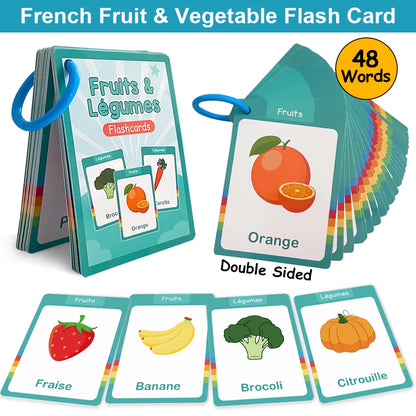 25Pcs Fruit & Vegetable French Vocabulary Learning Cards Homeschool Double Side Educational Flashcards for Kids Teaching Aids