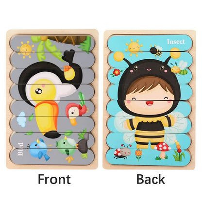 Cartoon Animal Double-sided Strip Wooden Puzzles Kids Montessori Jigsaw Game Baby Educational Toys for Children