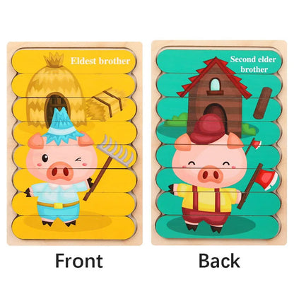 Cartoon Animal Double-sided Strip Wooden Puzzles Kids Montessori Jigsaw Game Baby Educational Toys for Children