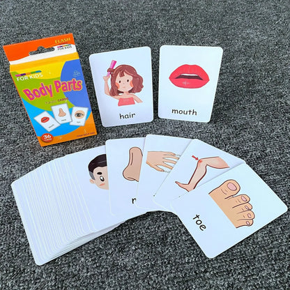 36pcs Children Cognition Cards Body Parts Animal Fruits Double Side Flashcards Montessori Baby Kids Early Educational Toys Gifts