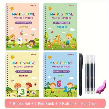 4PCS Reusable Magic Copybook Set for Kids – Alphabet, Number & Handwriting Practice Books