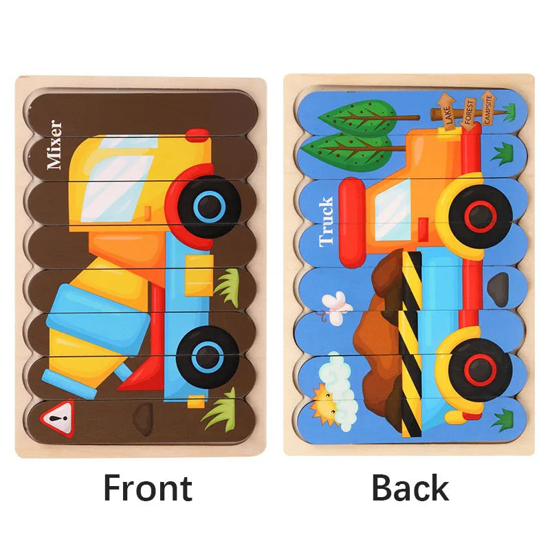 Cartoon Animal Double-sided Strip Wooden Puzzles Kids Montessori Jigsaw Game Baby Educational Toys for Children