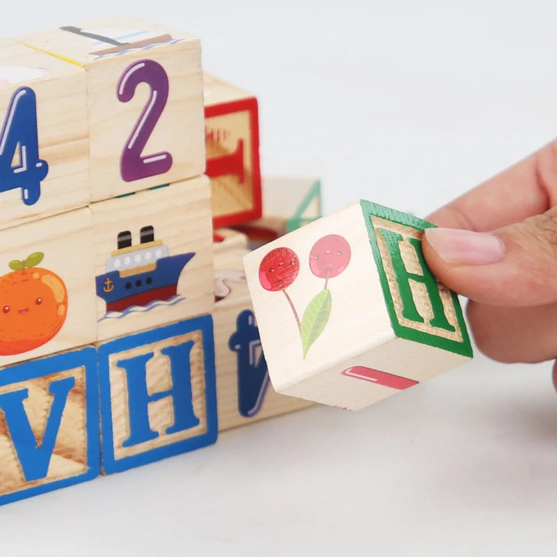 27Pcs Wooden Printed Block Toy English Letter Digital Cartoon Cognition Learning Early Educational Toys Gifts For Children Kids