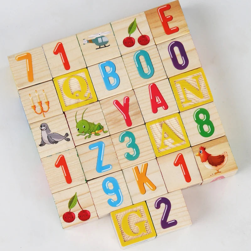 27Pcs Wooden Printed Block Toy English Letter Digital Cartoon Cognition Learning Early Educational Toys Gifts For Children Kids