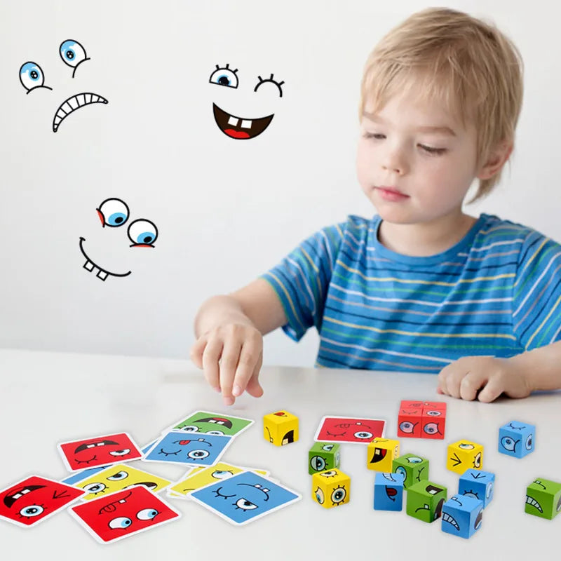 Cube Face Changing Building Blocks Cartoon Board Game Wooden Puzzle Montessori Anxiety Stress Relief Toys For Children Kids
