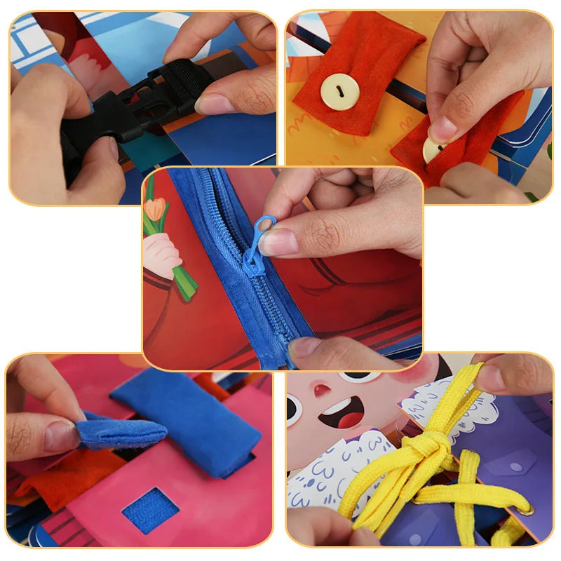 Front view of wooden busy board showing zipper and buckle panels for toddlers