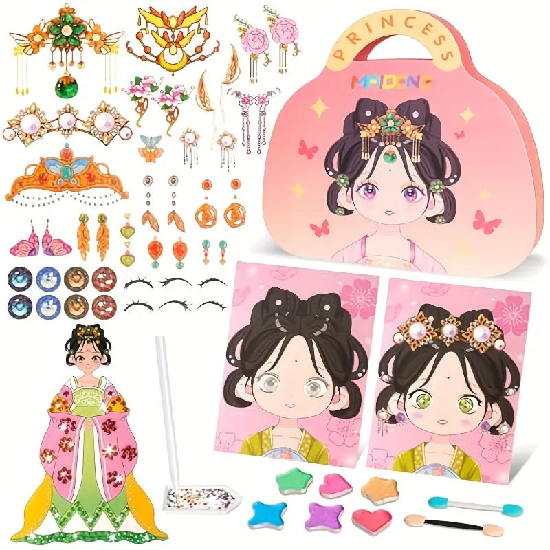 4-in-1 Princess Makeup & Fashion Dress-Up Game Set - DIY Paper Art Craft Kit with Diamond Painting Self-Adhesive Stickers