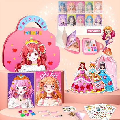4-in-1 Princess Makeup & Fashion Dress-Up Game Set - DIY Paper Art Craft Kit with Diamond Painting Self-Adhesive Stickers