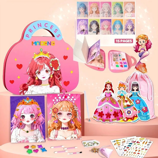 4-in-1 Princess Makeup & Fashion Dress-Up Game Set - DIY Paper Art Craft Kit with Diamond Painting Self-Adhesive Stickers