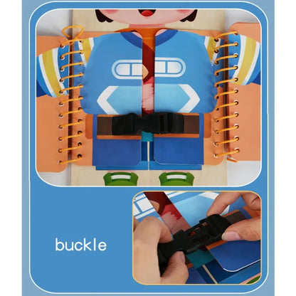 Front view of wooden busy board showing zipper and buckle panels for toddlers