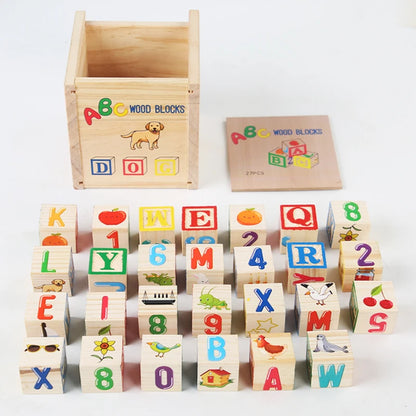 27Pcs Wooden Printed Block Toy English Letter Digital Cartoon Cognition Learning Early Educational Toys Gifts For Children Kids