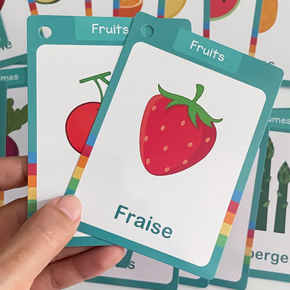 25Pcs Fruit & Vegetable French Vocabulary Learning Cards Homeschool Double Side Educational Flashcards for Kids Teaching Aids