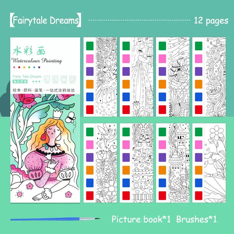Portable Watercolor Painting Book Set – 12 Pages with Brush
