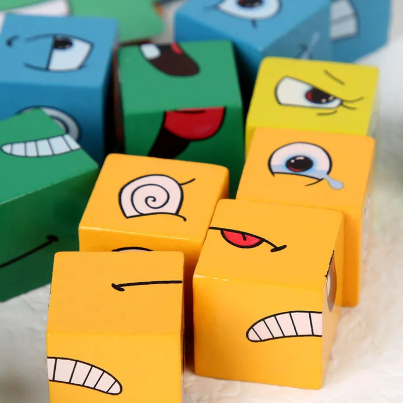 Cube Face Changing Building Blocks Cartoon Board Game Wooden Puzzle Montessori Anxiety Stress Relief Toys For Children Kids